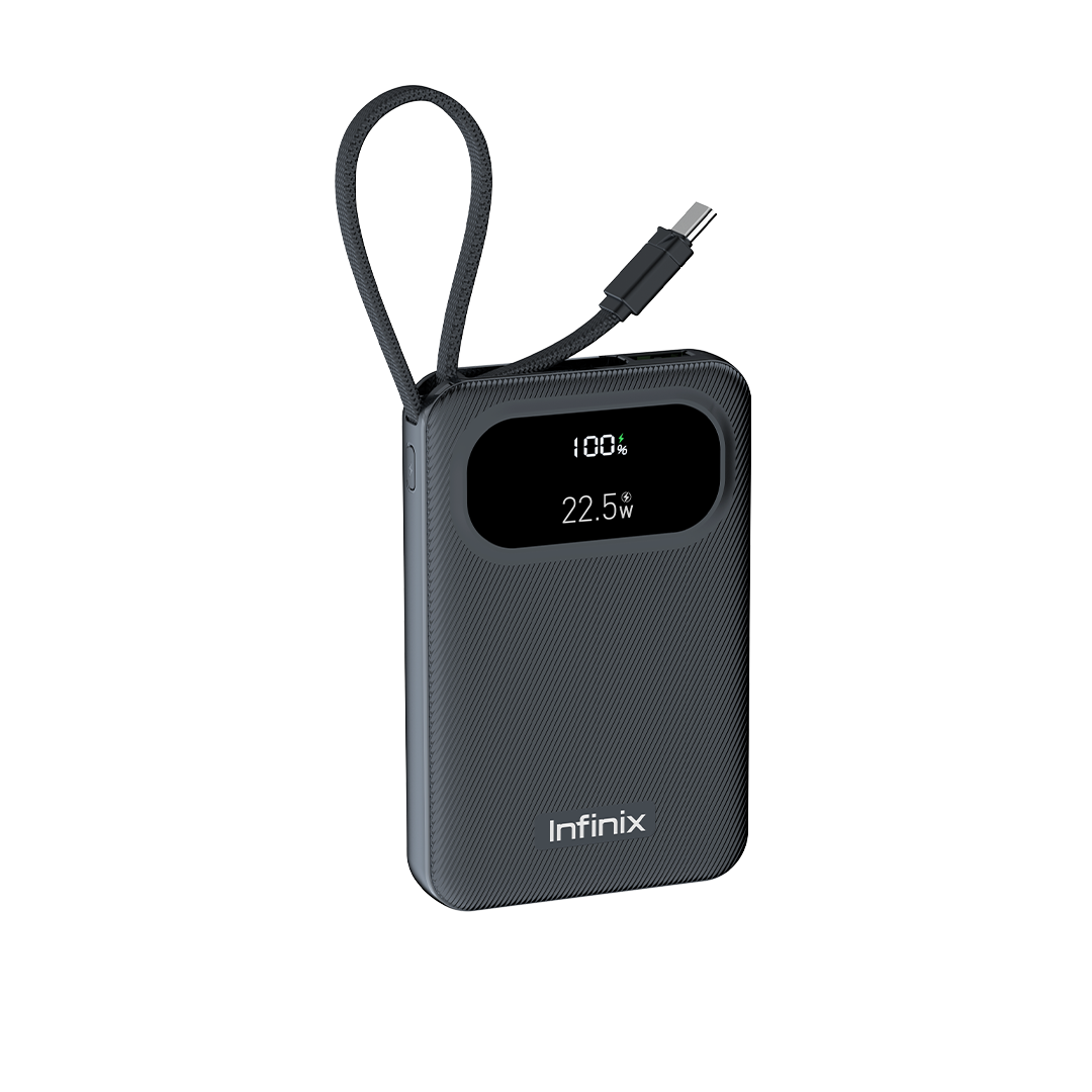 Infinix XP10 Pro coloris noir, boîtier texturé et écran de charge vu de face