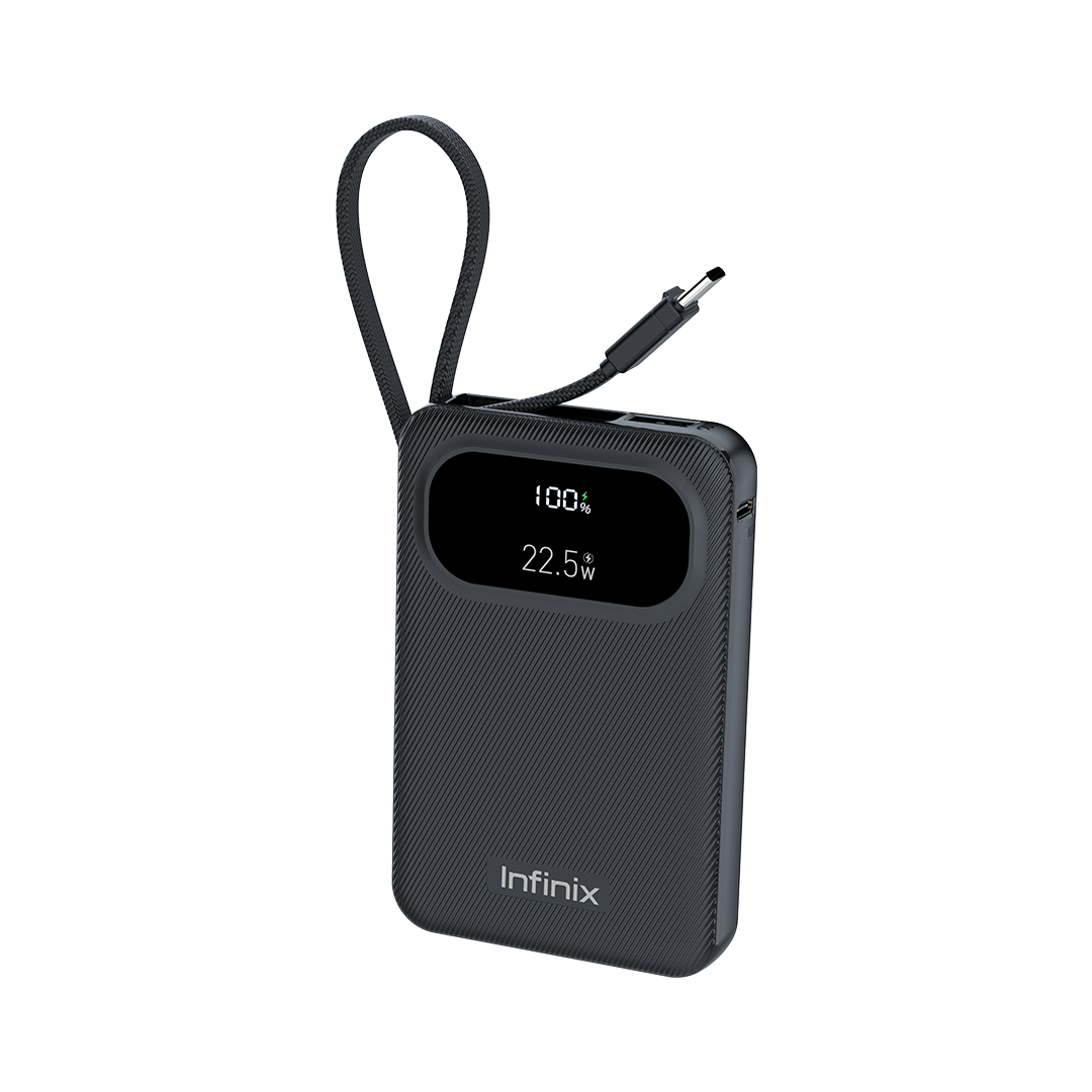 Vue de trois quarts du XP10 Pro noir montrant l'embout USB-C du câble solidaire de la batterie