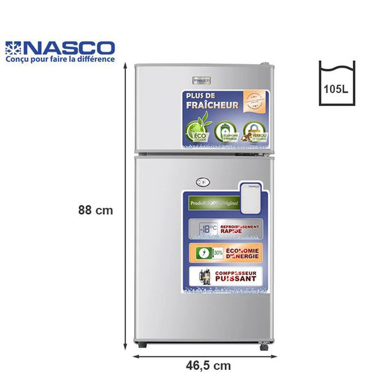 Nasco Refrigerateur - Knasf2-115 – 105 Lt (59Lt+46Lt) - Avec Cle - Argent