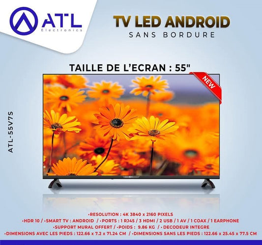 TV ATL 55 pouces ATL-55V7S - écran 4K HDR10 allumé