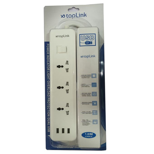 TOPLINK Multiprise 3 Trous - 2 USB - Universelle Avec Interrupteur Ind