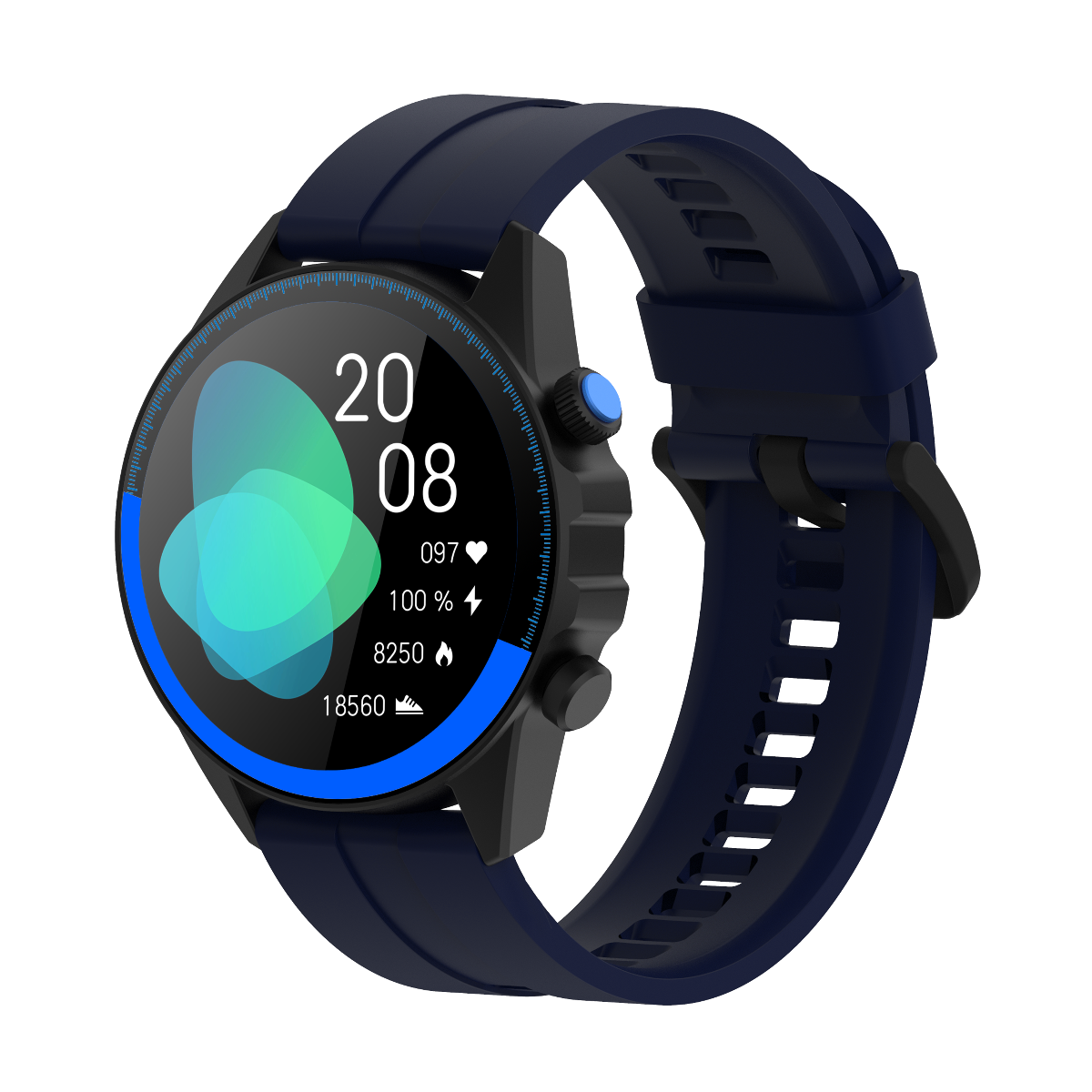Montre Infinix Watch GT Pro vue de trois quarts, couronne rotative bleue et bracelet silicone perfore referme