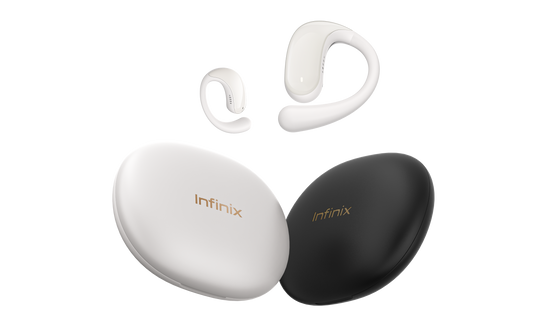 Infinix ZLOOP 4 XEO4G, oreillettes a crochet blanches et les deux boitiers noir et blanc
