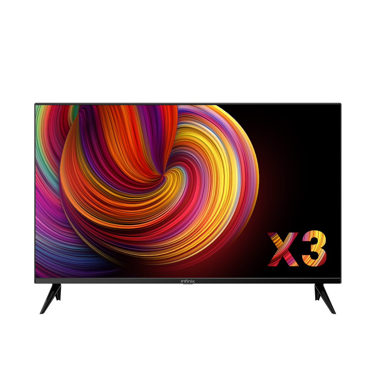 Téléviseur Infinix X3 43 pouces FHD vu de face sur son socle, écran allumé