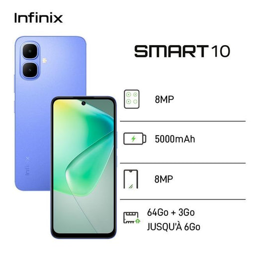 Infinix Smart 10 - 64Go + 3 Go - 6.6''- 8 MP - 5000 mAh - bleu - 12 Mois Garantie