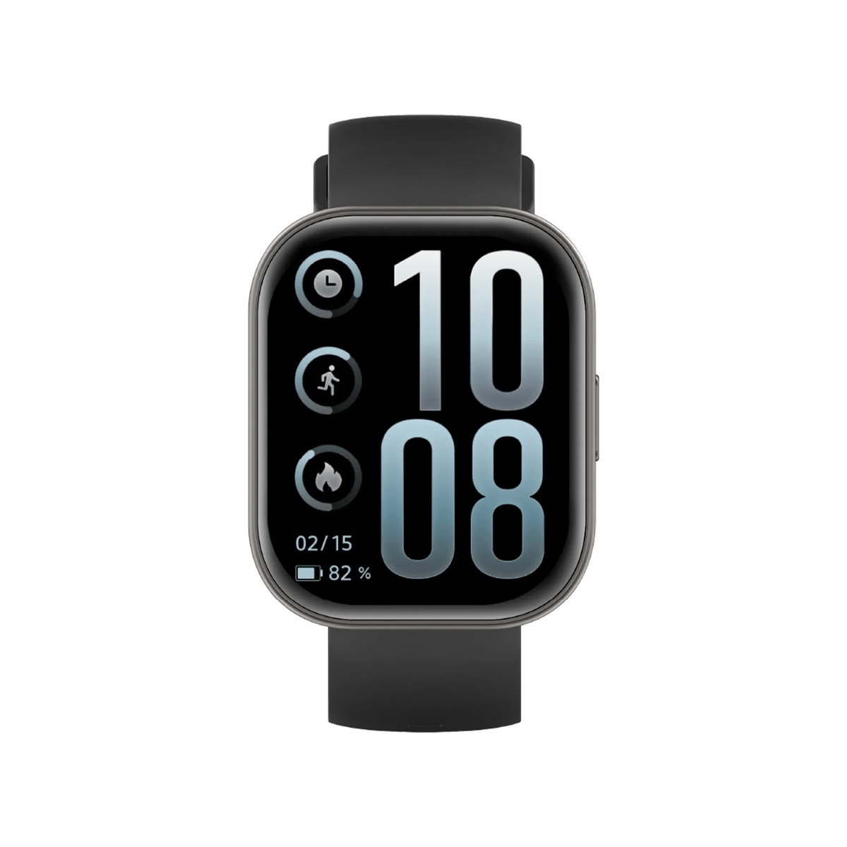 Montre connectee Infinix XWatch H5 Pro de face, grand ecran AMOLED carre avec heure et anneaux d'activite, bracelet noir