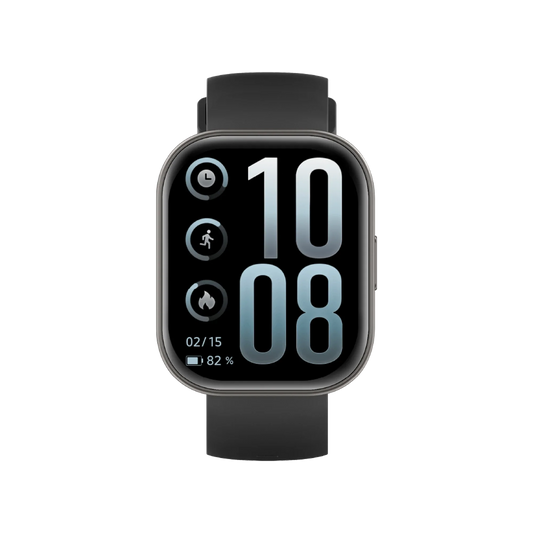 Montre connectee Infinix XWatch H5 Pro de face, grand ecran AMOLED carre avec heure et anneaux d'activite, bracelet noir