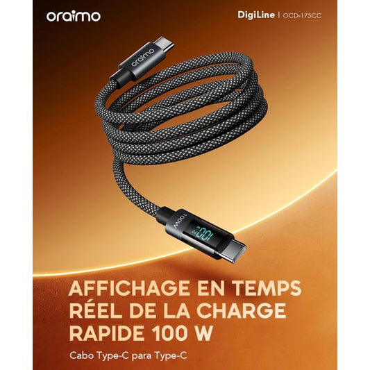 Oraimo Câble Type-C 100W DigiLine 175cc – Charge Ultra Rapide avec Affichage Digital – 1,2m