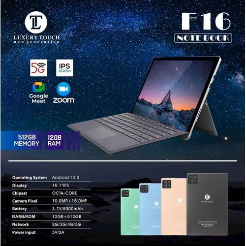 Tablette intelligente Luxury Touch F16- 10,1 pouces, Android 12.1 Tab avec 512 Go de ROM, 12 Go de RAM- Wi-Fi 5G avec Clavier