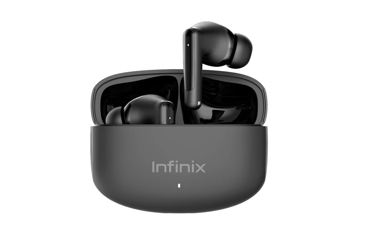 Infinix BUDS NC XE28 noirs vus de face, tige et embout intra-auriculaire