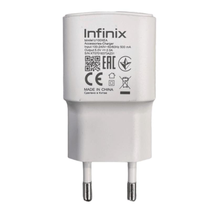 Chargeur secteur Infinix U100XEA 10 W de face, étiquette modèle et sortie 5V 2A visibles, prise européenne deux broches