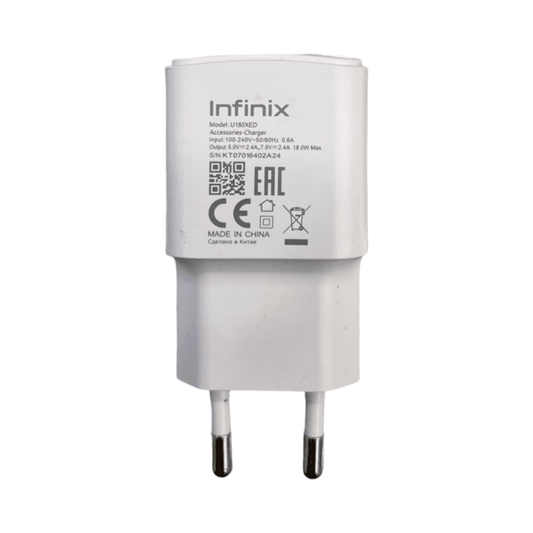 Chargeur Infinix U180XED 18 W vu de face, étiquette indiquant 5V 2,4A et 7,5V 2,4A, prise deux broches rondes