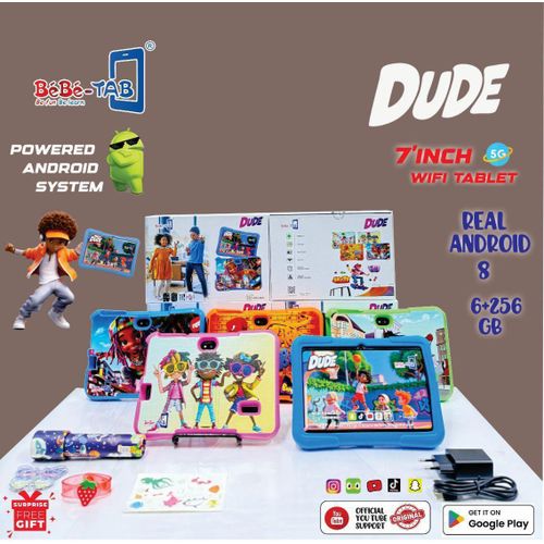 Tablette Bébé Tab Dude 7” – 6 Go RAM, 256 Go, WiFi + 5G, Coque Anti-Choc Cartoon, Caméra, Applis Éducatives Préinstallées – Idéale pour Enfants