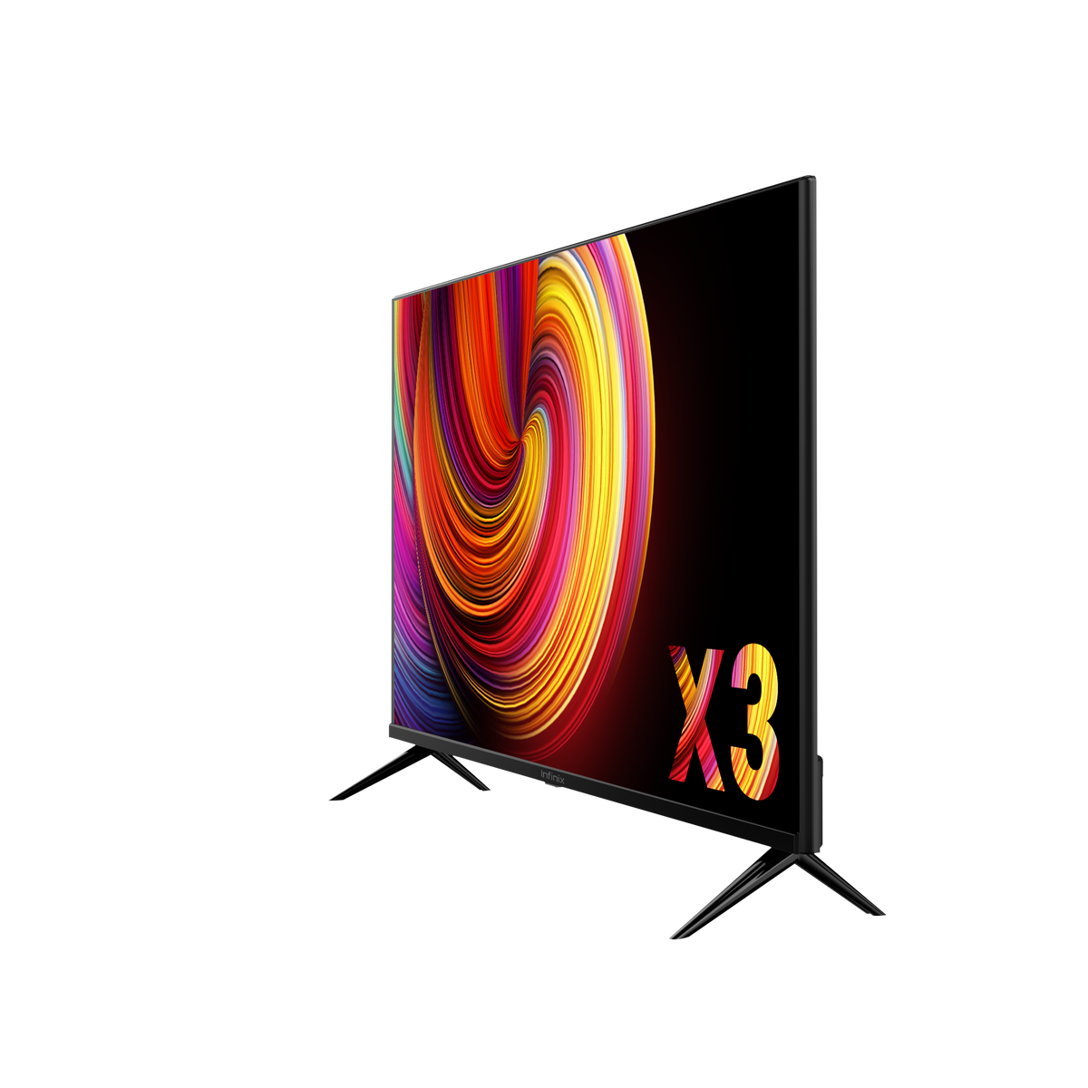 Smart TV Infinix 50 pouces vue de biais, pieds en croix et logo Infinix sous l'écran