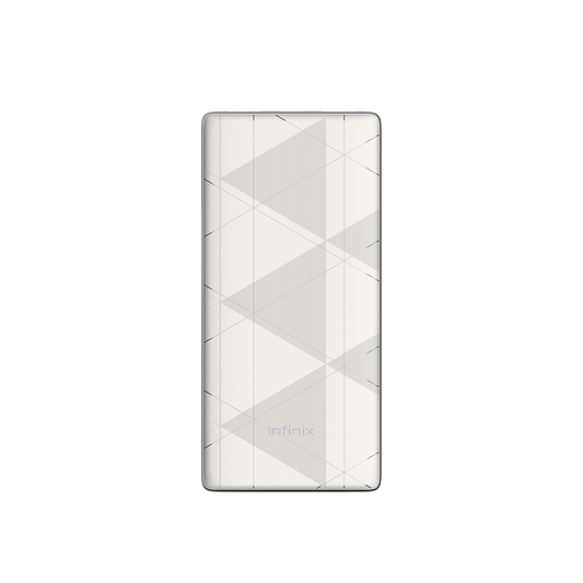 Batterie externe Infinix XP10 blanche vue de face, logo Infinix sur le boîtier plat à motif triangulaire