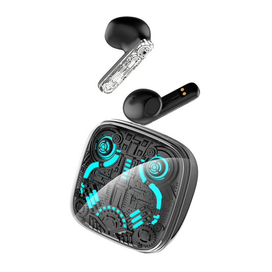 Infinix XBUDS 3 GT XE30 noirs, boitier transparent a eclairage LED turquoise et les deux oreillettes