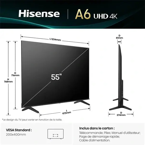 TV Hisense 55″ Connectée DLED 4K UHD VIDAA Apple Home HDMI USB Ethernet RJ45 Wifi BT 55A6Q — vue 2