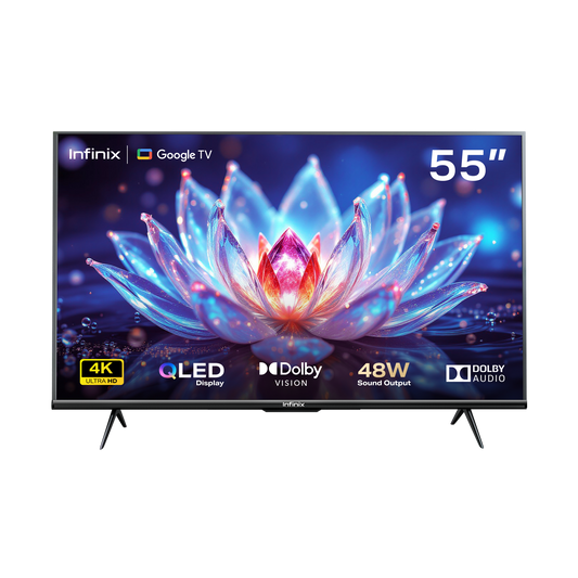 Téléviseur Infinix Google TV 55 pouces QLED 4K de face, fleur de lotus à l'écran