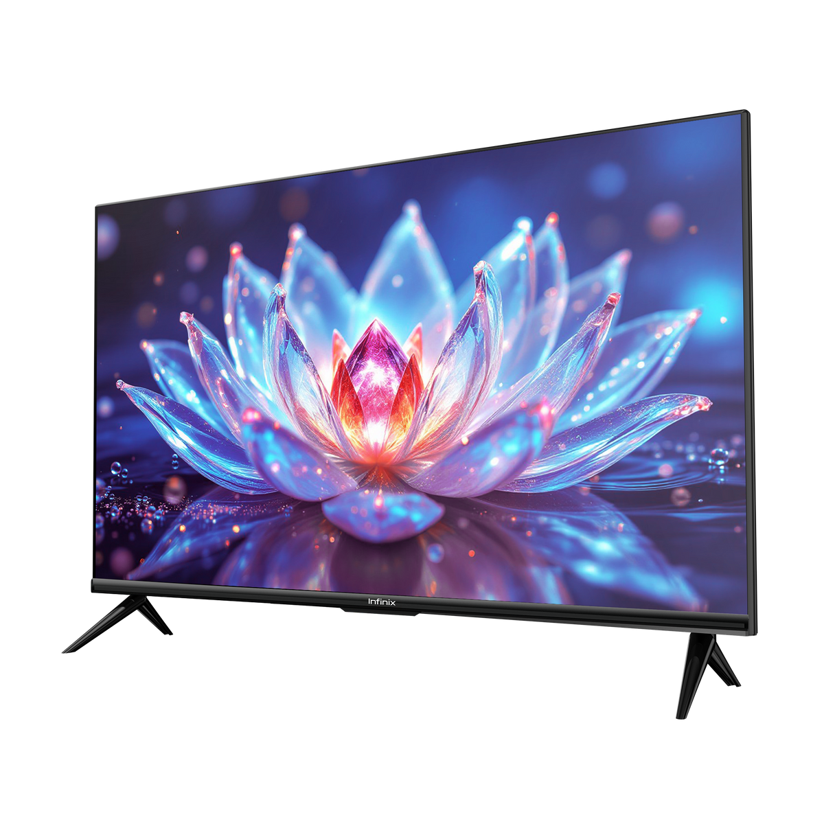 Smart TV Infinix 55 pouces de trois quarts, dalle QLED allumée et cadre fin