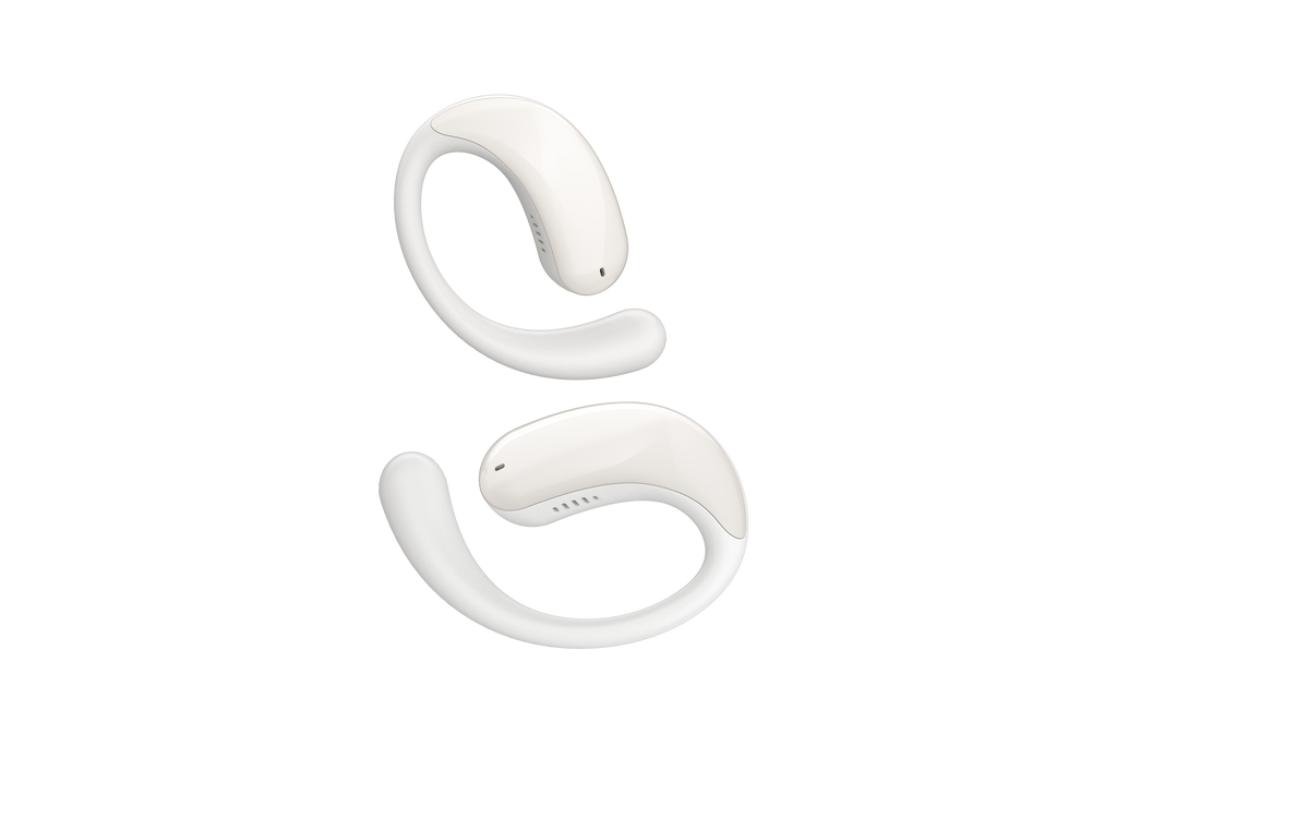 Paire d'ecouteurs ouverts Infinix ZLOOP 4 blancs vus de profil, crochet souple visible