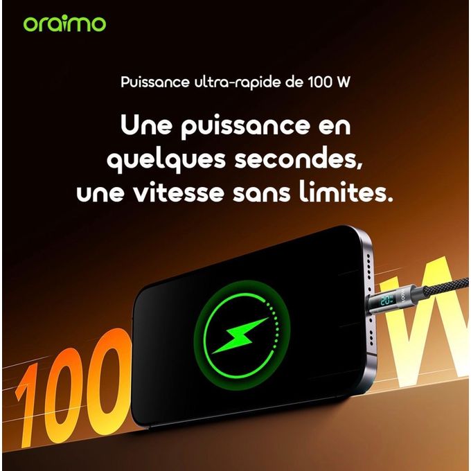 Oraimo Câble Type-C 100W DigiLine 175cc – Charge Ultra Rapide avec Affichage Digital – 1,2m