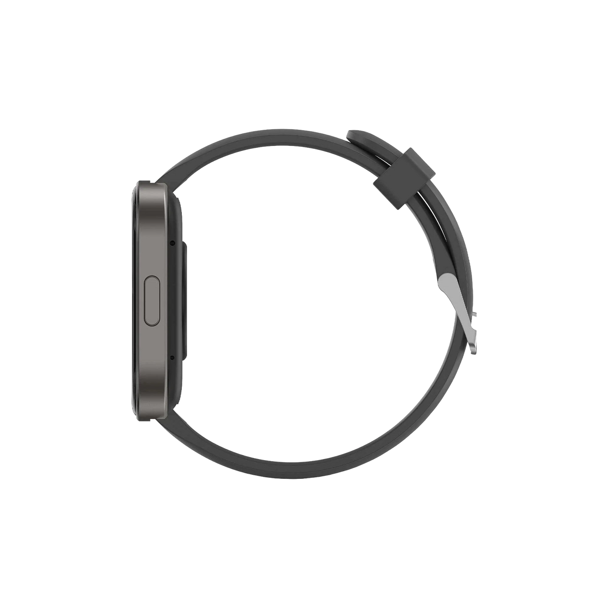 Profil gauche de la montre Infinix XWatch H5 Pro, bracelet silicone noir boucle et tranche du boitier