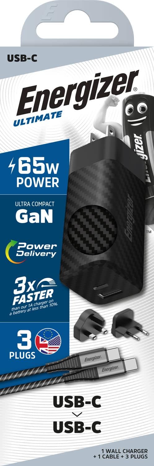 Energizer A65MUC Ultimate 65W GaN Technology Charger, Power Delivery, Ultra-Compact, Black