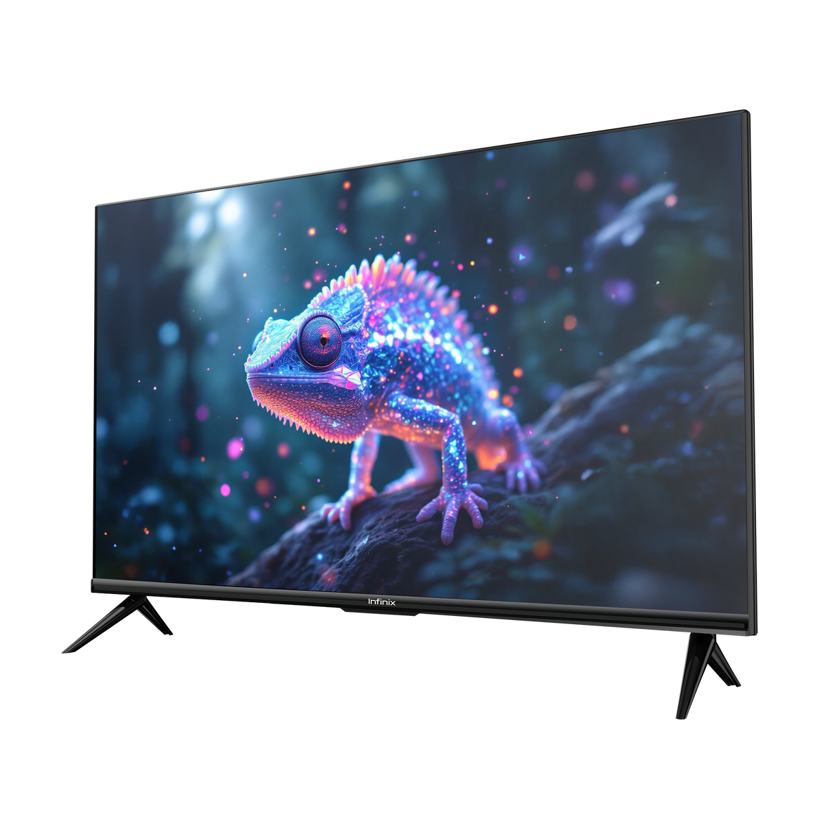 Smart TV Infinix 65 pouces en perspective trois quarts, image 4K sur toute la dalle
