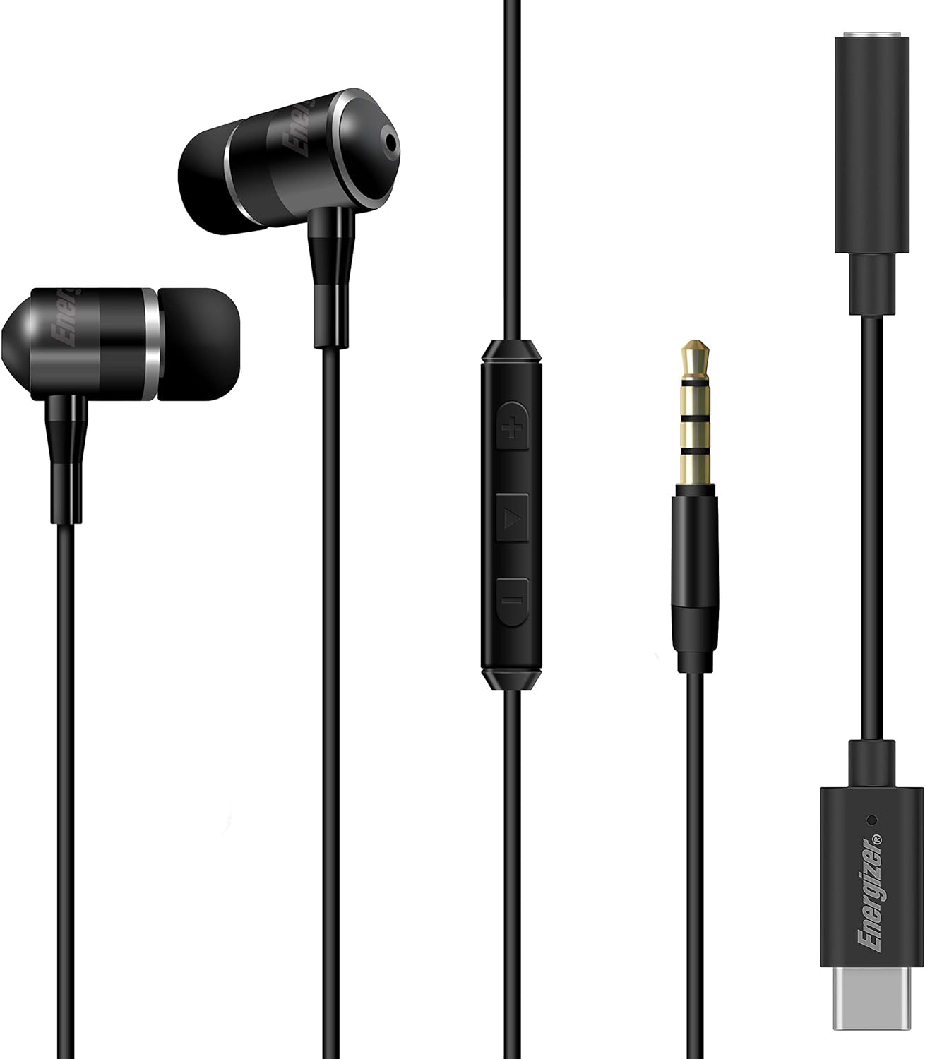 Energizer In ear Stereo Earphones with Two in one Type C and Aux connector,Black, UIC30BK, Medium, Wired