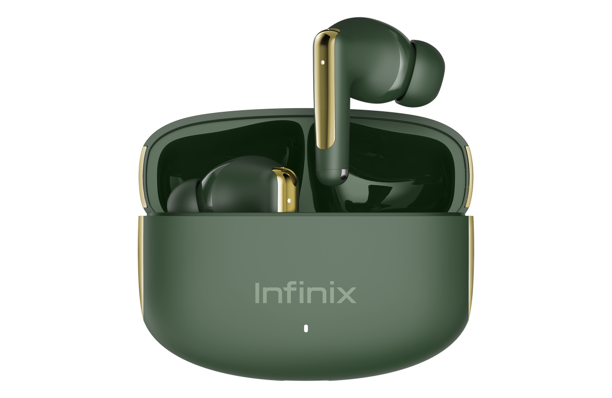 Ecouteurs Infinix BUDS NC XE28 verts, boitier ouvert et liseres dores