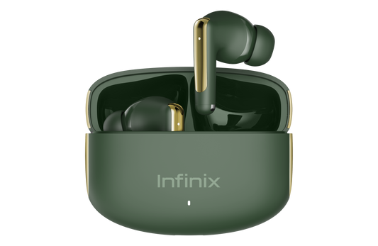 Ecouteurs Infinix BUDS NC XE28 verts, boitier ouvert et liseres dores