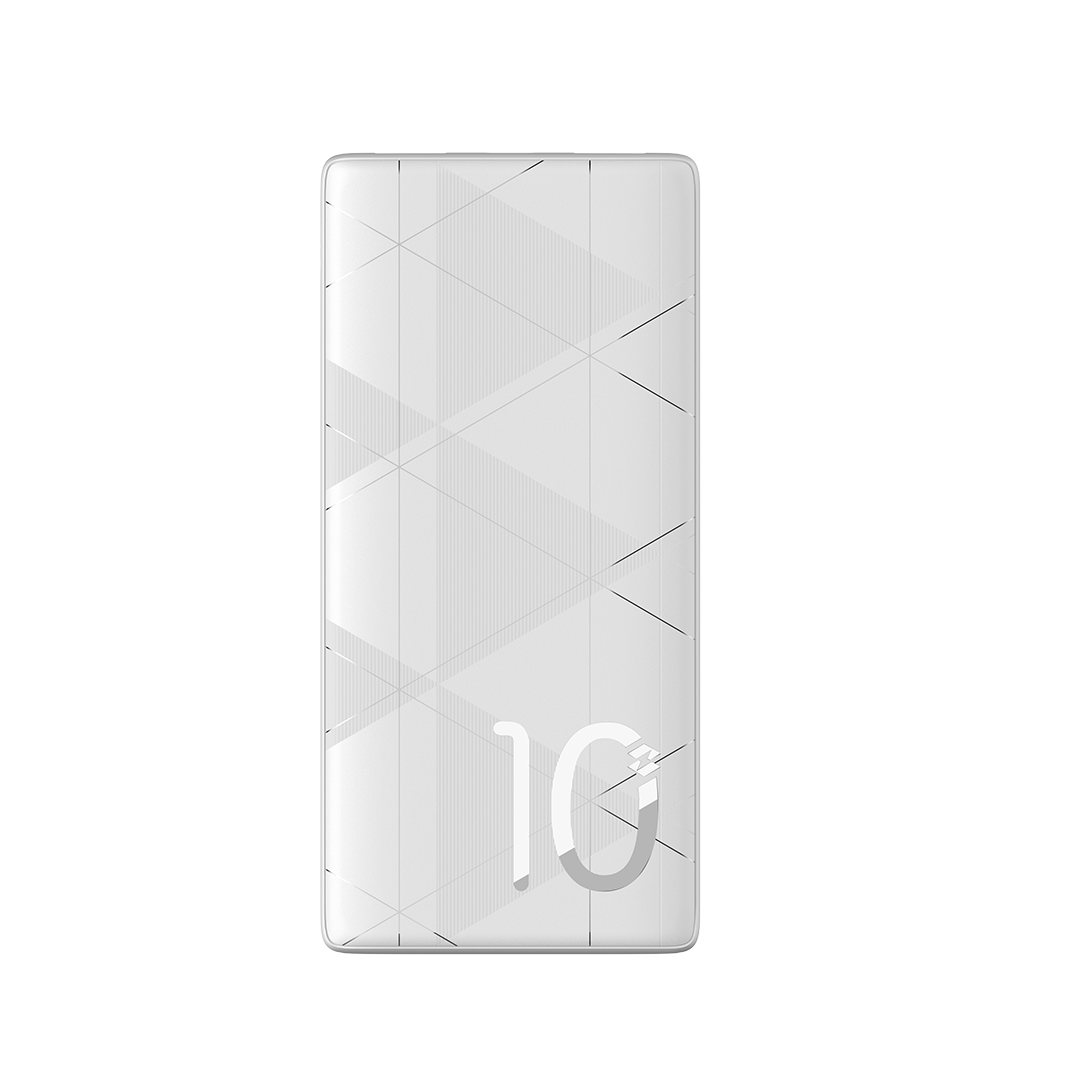 Dos de la batterie externe Infinix XP10 blanche avec le marquage 10 indiquant les 10 000 mAh