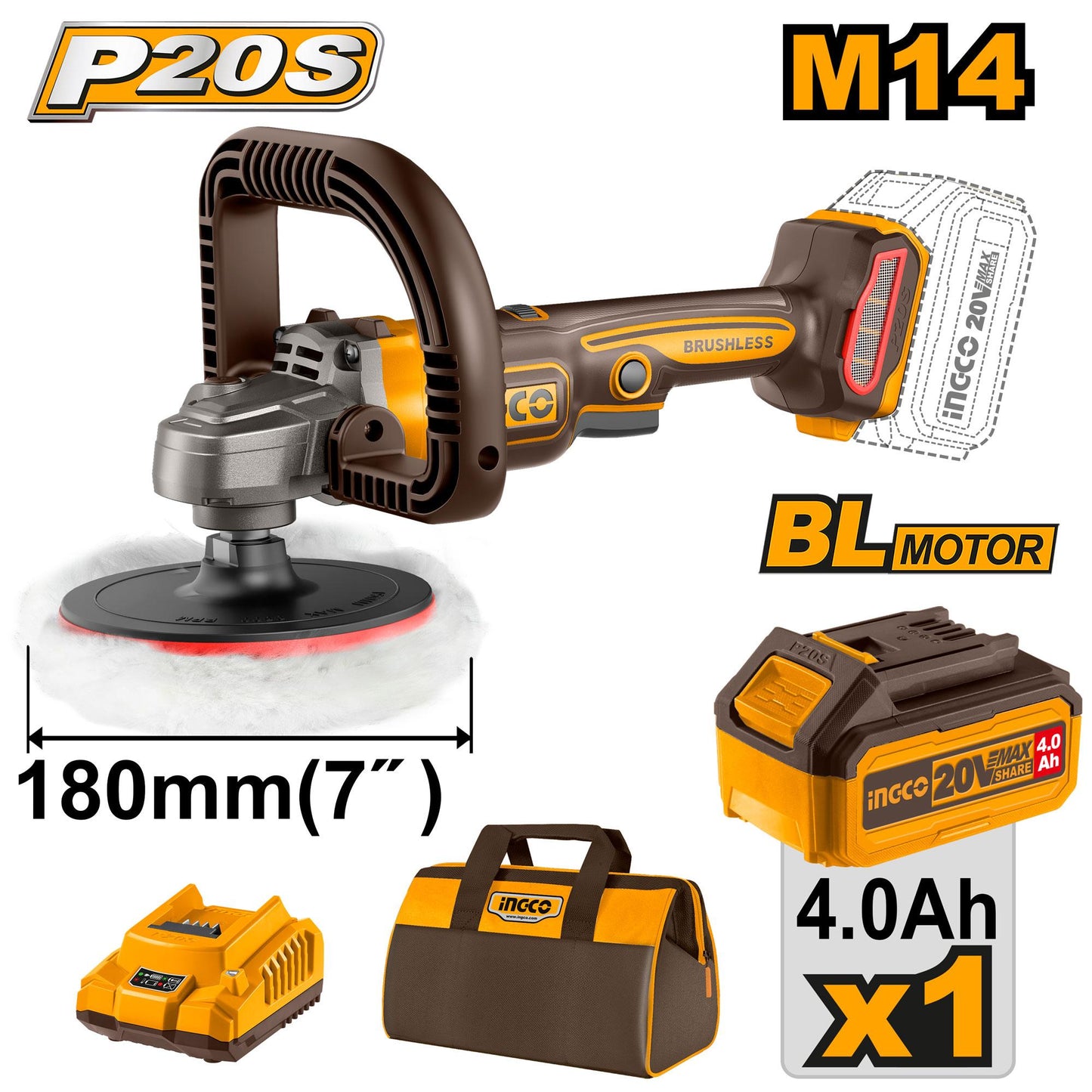 Polisseur angulaire sans fil 20 V + 1 batterie 4 Ah + chargeur INGCO APLI20181