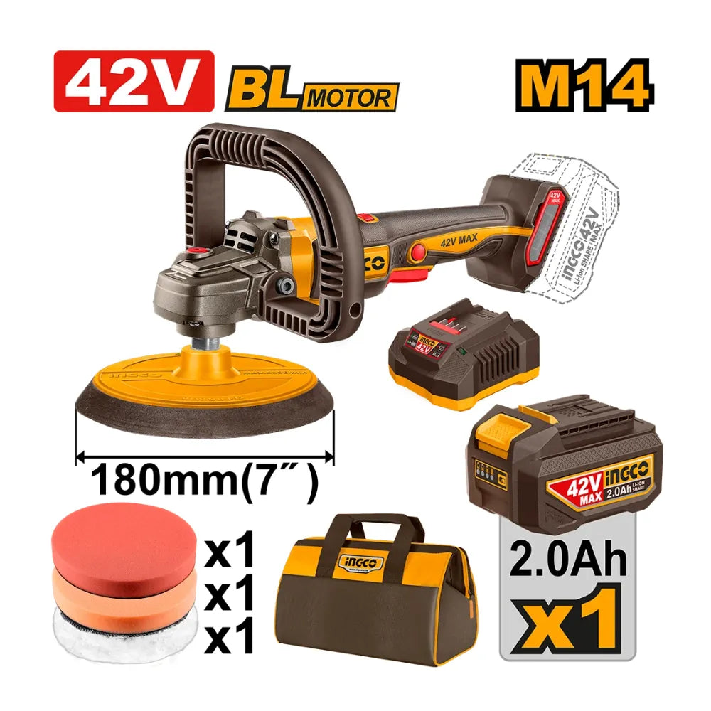 Polisseur angulaire sans fil 42 V + 1 batterie 2 Ah + chargeur + SAC INGCO APLI42181
