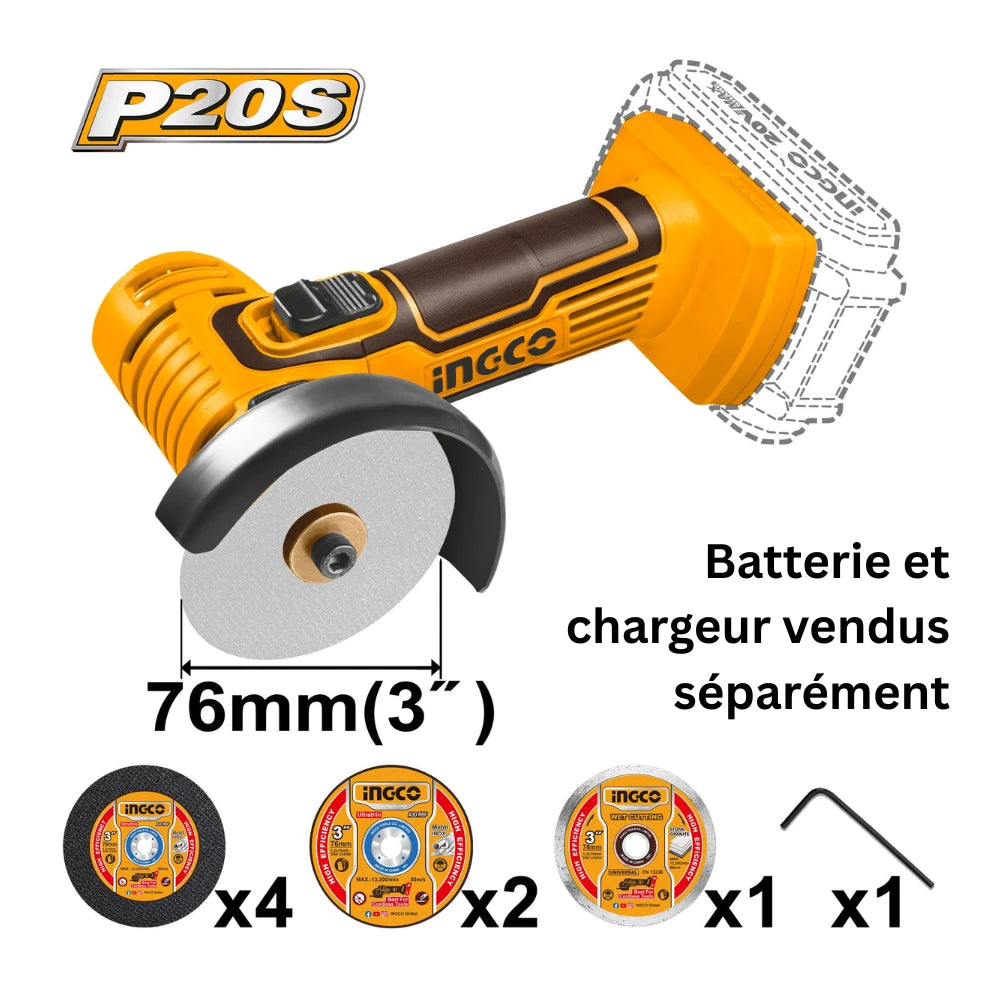 Mini meuleuse sans fil 20 V / 76 mm-SB INGCO CAGLI7601
