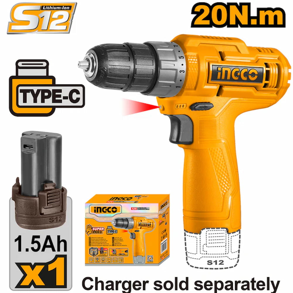 Perceuse visseuse sans fil 12 V 20 Nm - 20 mm + 1 ba-remplace CDLI12415 INGCO CDLI12428