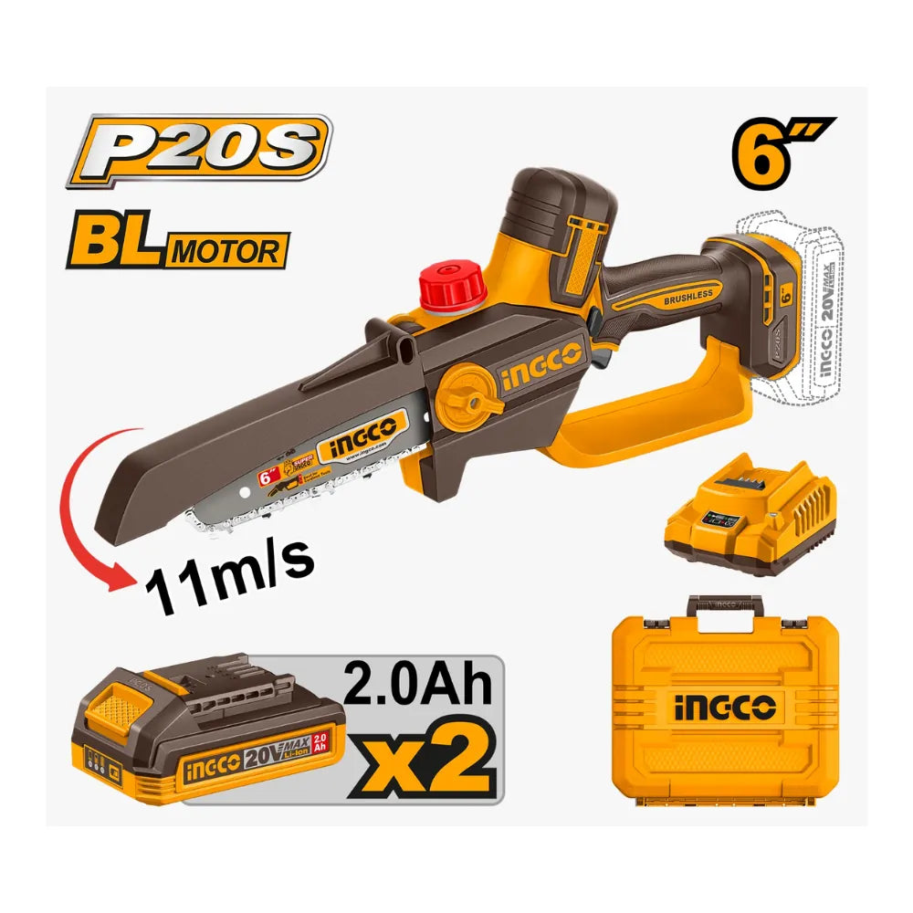 Scie à chaîne sans fil 20 V / 6" + 2 batteries 2 Ah + chargeur INGCO CGSLI20662