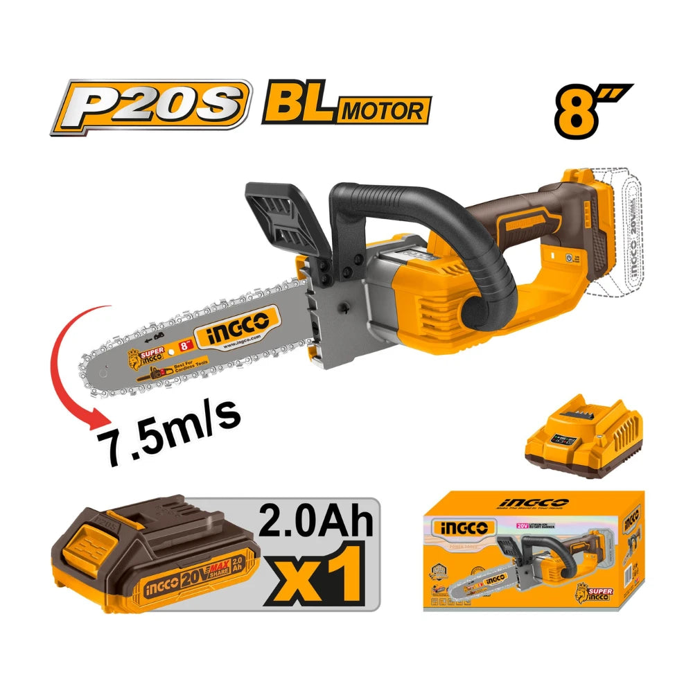 Scie à chaîne lithium‑ion 20 V-8" + 1BAT2 Ah INGCO CGSLI20851