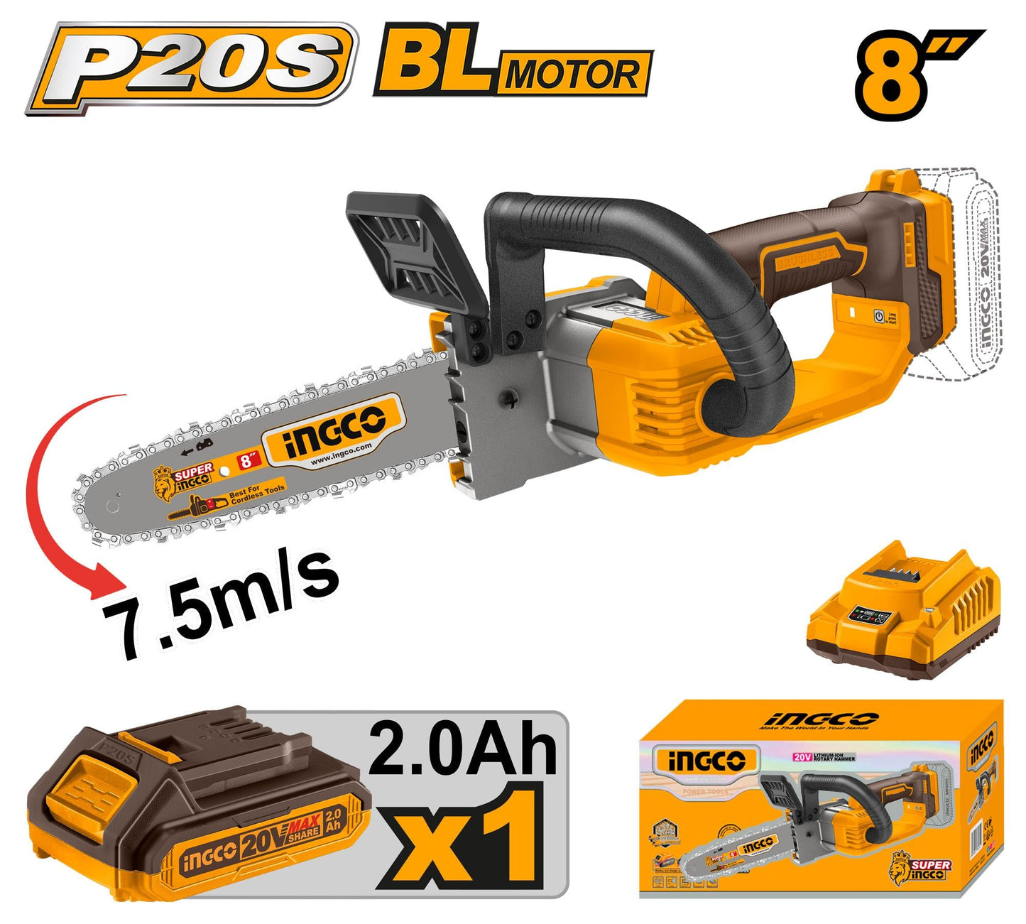 Scie à chaîne lithium‑ion 20 V-8" + 1BAT2 Ah INGCO CGSLI20851 — vue 2