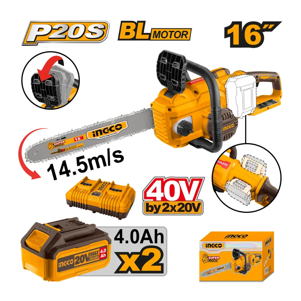 Scie à chaîne sans fil 40 V / 16" + 2 batteries 4 Ah + chargeur INGCO CGSLI401682