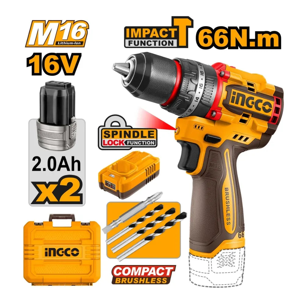 Perceuse percussion sans fil 16 V / 66 Nm + 2 batteries 2 Ah + 1 chargeur INGCO CIDLI166062