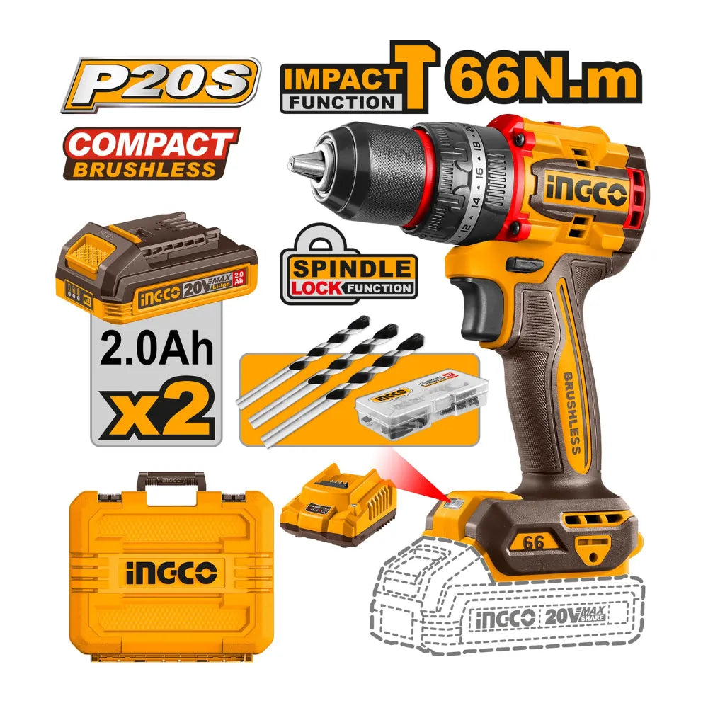 Perceuse à percussion sans fil compact 20 V / 66 Nm + 2BAT2A + chargeur INGCO CIDLI20668