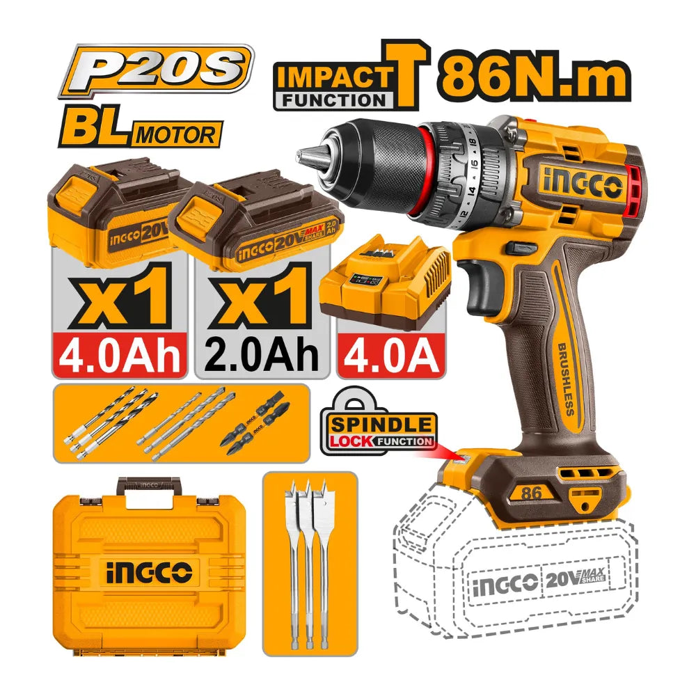 Perceuse à percussion 20 V / 86 Nm + 2 batteries + chargeur + accessoires INGCO CIDLI20868