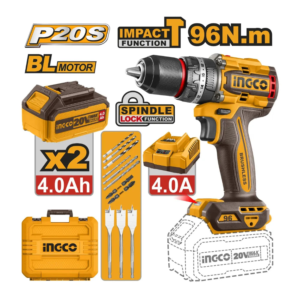 Perceuse à percussion 20 V 96 Nm + 2BAT4 Ah + chargeur INGCO CIDLI20968