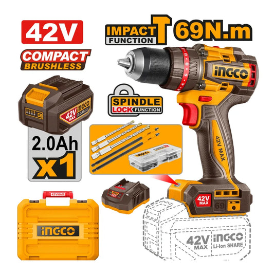 Perceuse à percussion 42 V 69 Nm + 1BAT2 Ah + chargeur INGCO CIDLI426981