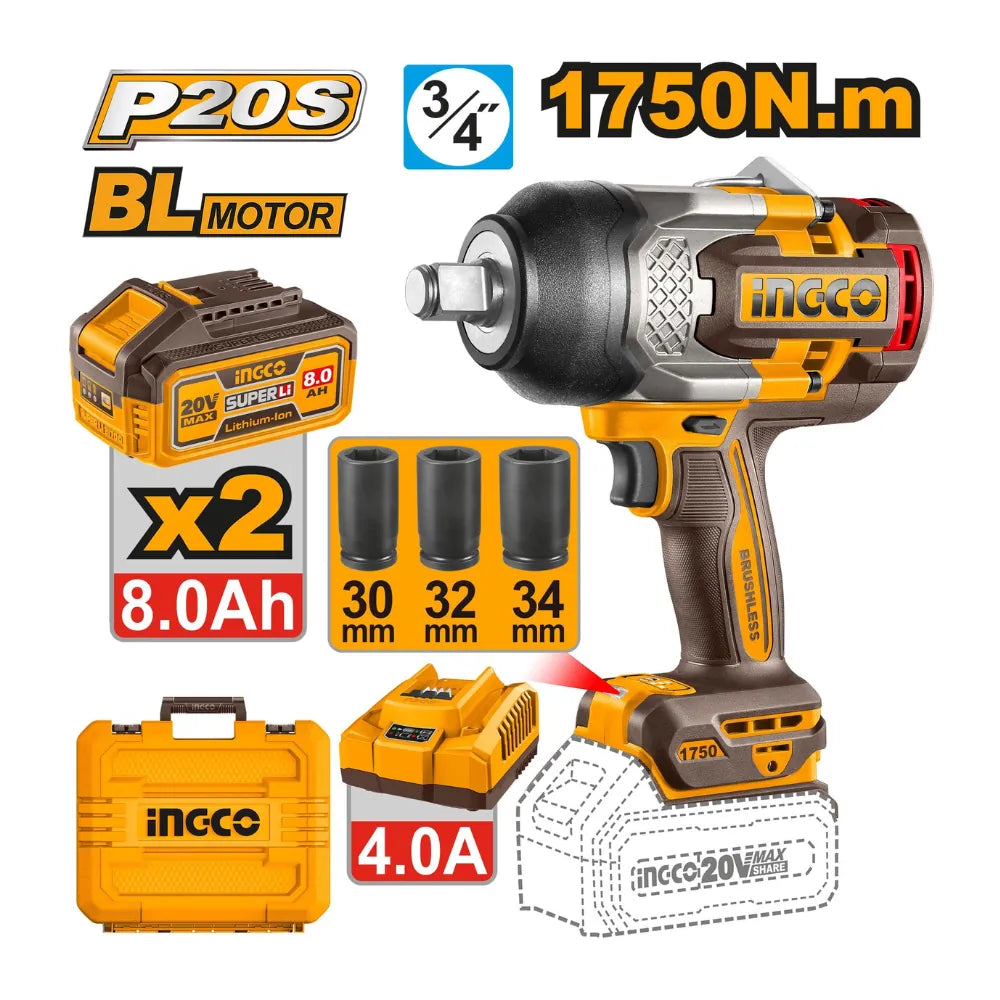 Clé à choc sans fil 20 V / 1750 Nm + 2BAT5 Ah + chargeur INGCO CIWLI20175