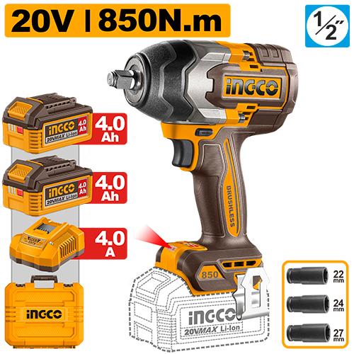 Clé à chocs lithuim 850 Nm - 2BATT4A- chargeur INGCO CIWLI2085