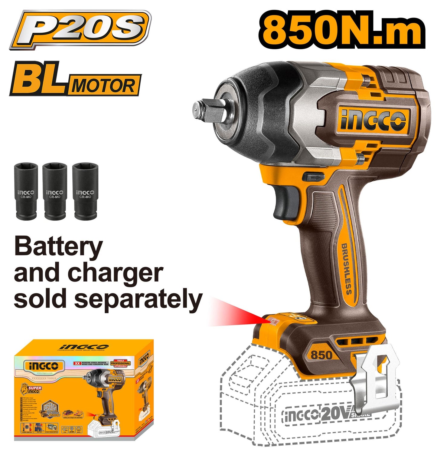 Clé à choc sans fil 20 V / 850 Nm-SB INGCO CIWLI20851