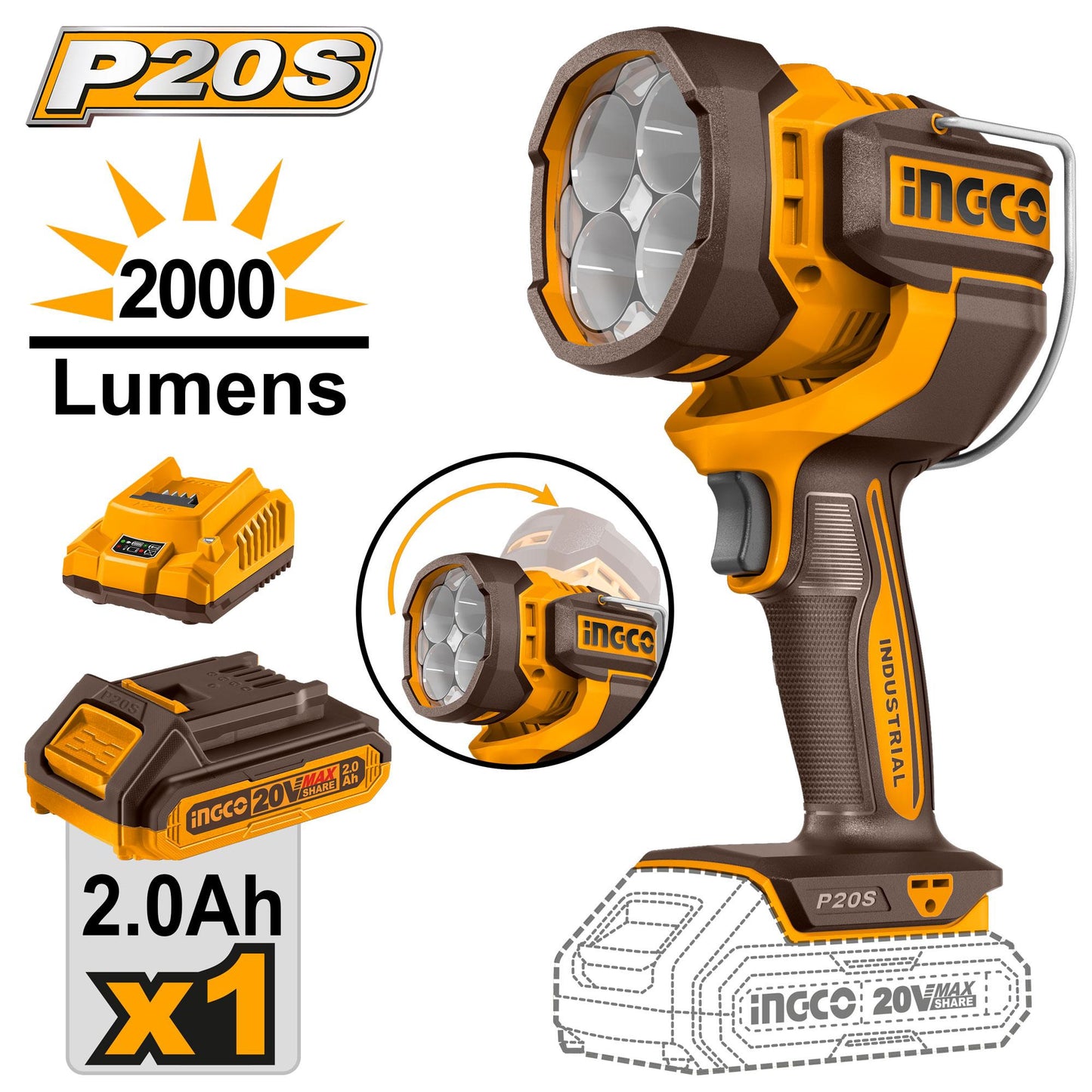Lampe LED sans fil 20 V + 2BAT2 Ah + 1 chargeur INGCO CWLI20881