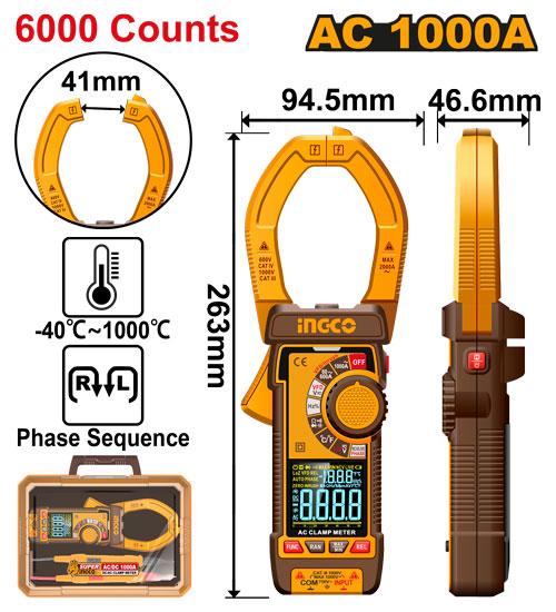 Pince amperemetrique digitale AC 1000A / 6000C INGCO DCM610001 — vue 2